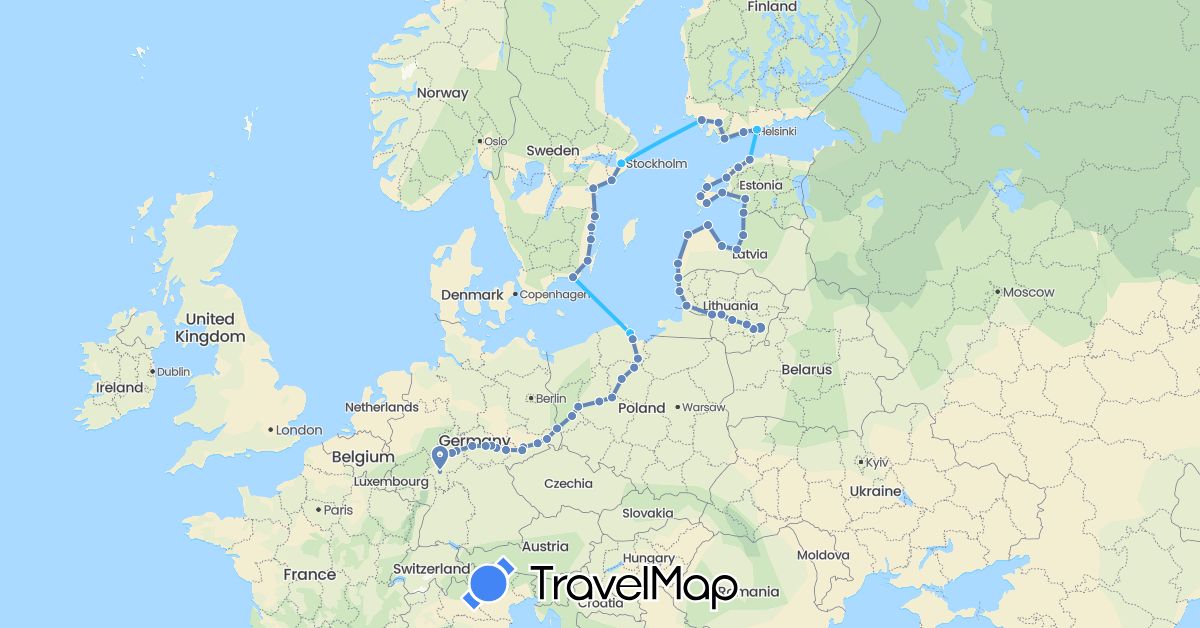 TravelMap itinerary: bus, cycling, boat in Germany, Estonia, Finland, Lithuania, Latvia, Poland, Sweden (Europe)